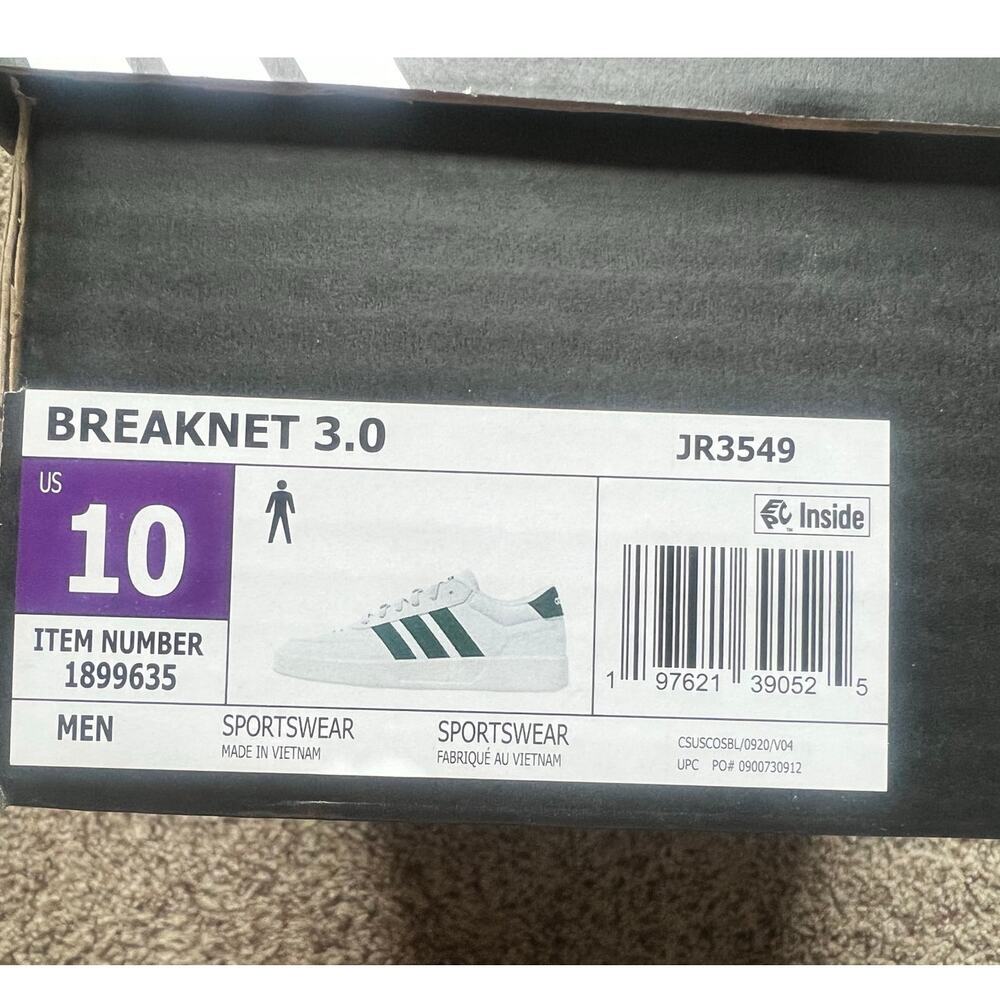 NWT ADIDAS Breaknet 3.0 Sneaker, Tennis Shoe, Men's Size 10, White/Green - Picture 4 of 9